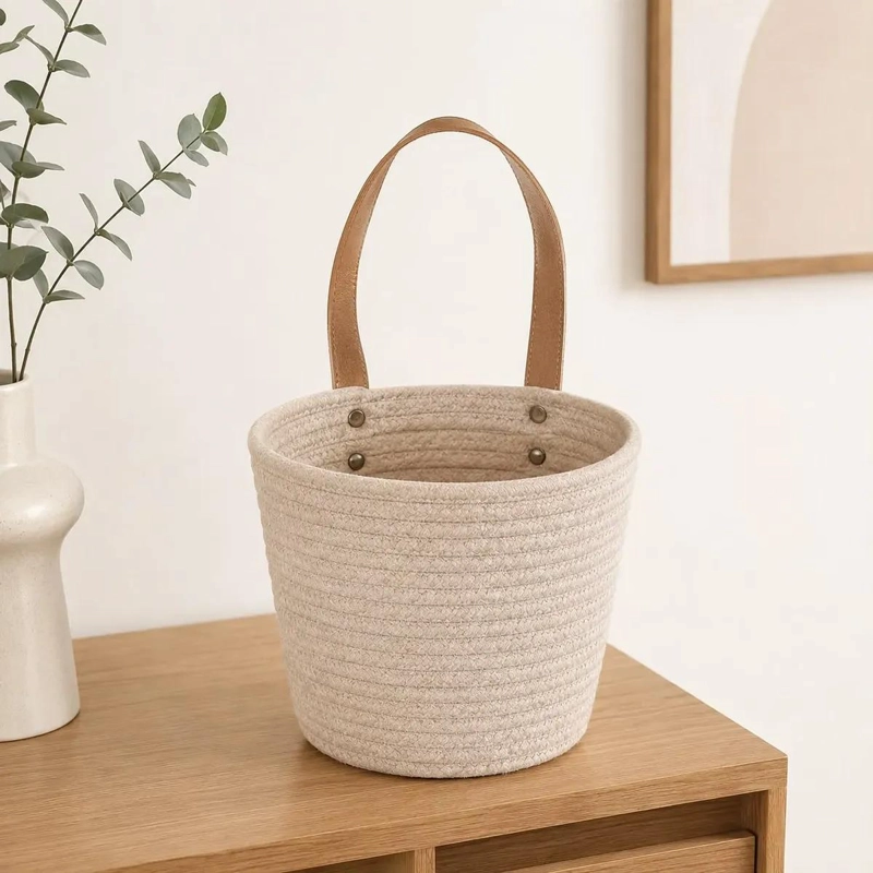 CANASTO ORGANIZADOR TEJIDO ALGODON CON ASAS DE CUERO 16X15 CM - 3