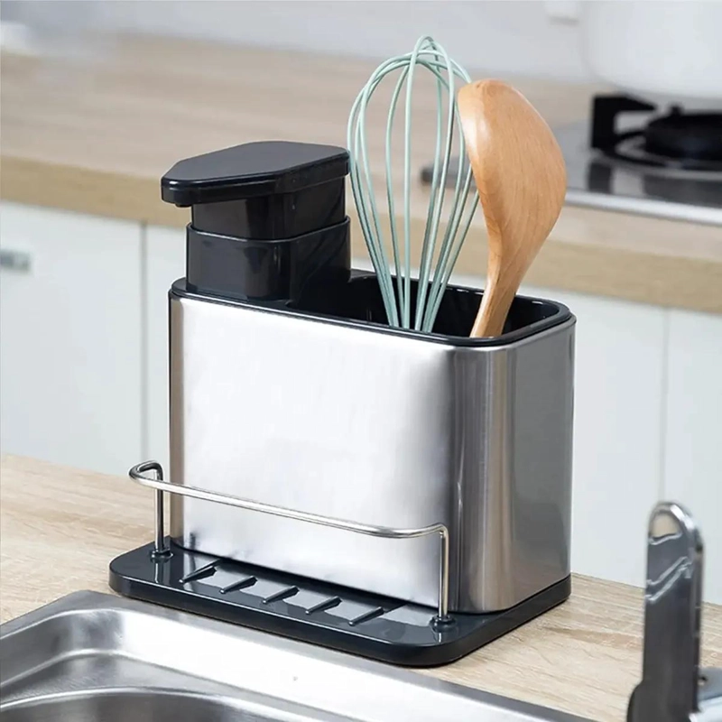 DISPENSADOR DE JABON Y SOPORTE PARA ESPONJA DE ACERO INOXIDABLE - 7