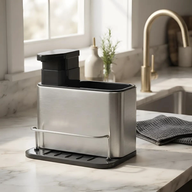 DISPENSADOR DE JABON Y SOPORTE PARA ESPONJA DE ACERO INOXIDABLE - 1