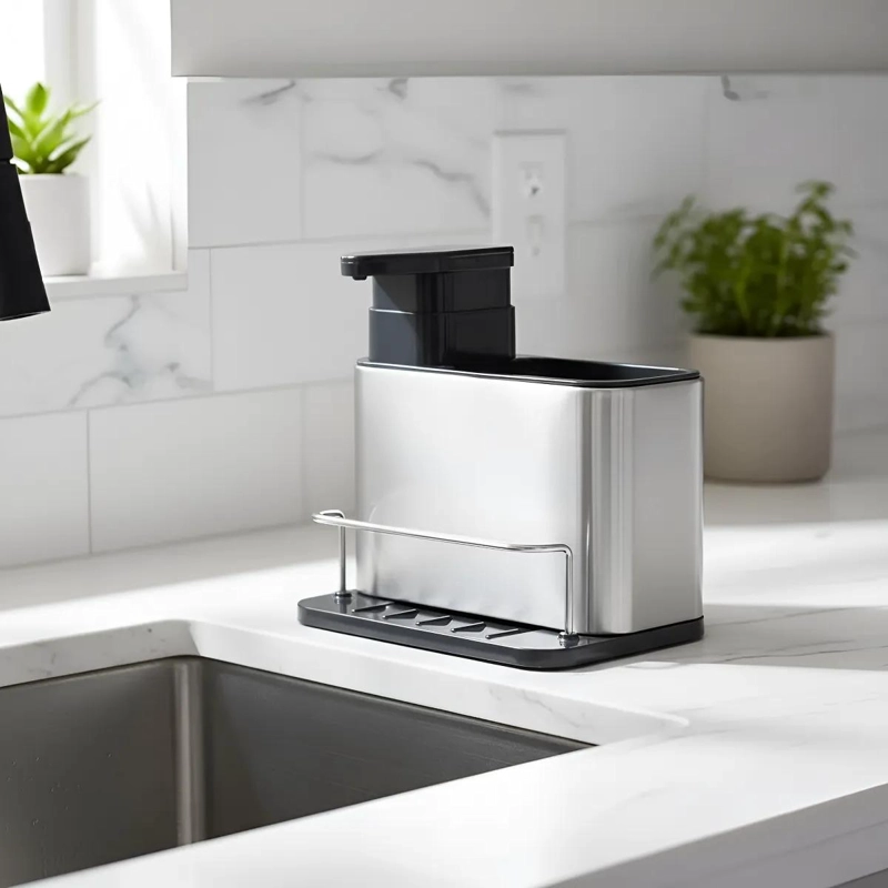 DISPENSADOR DE JABON Y SOPORTE PARA ESPONJA DE ACERO INOXIDABLE - 10