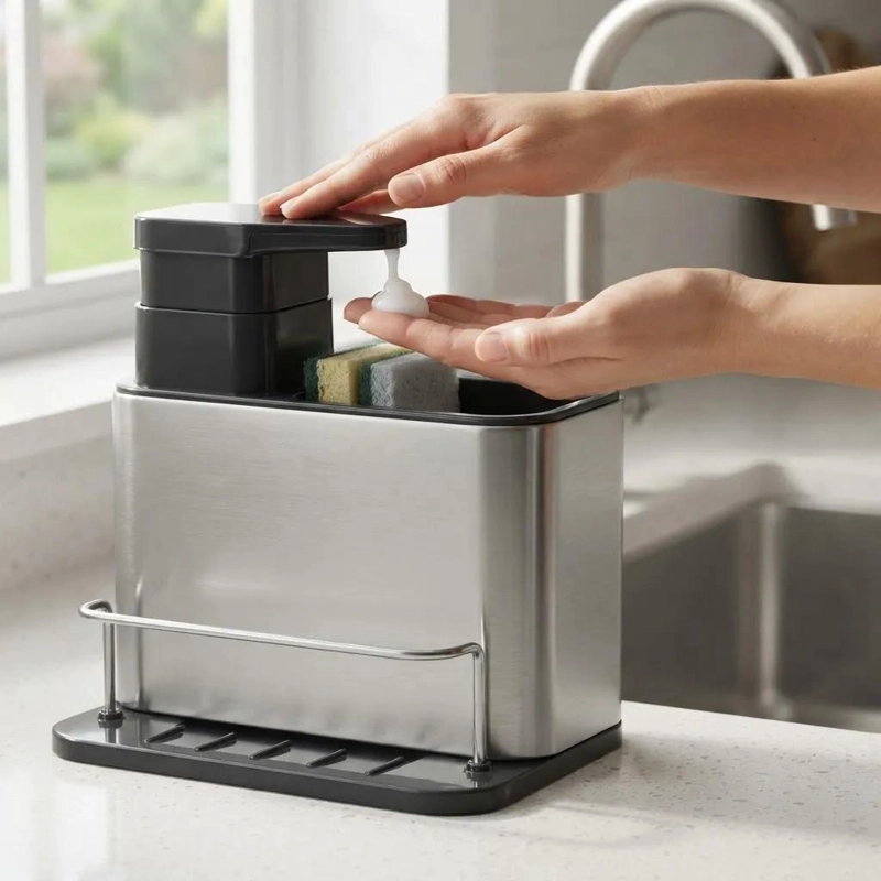 DISPENSADOR DE JABON Y SOPORTE PARA ESPONJA DE ACERO INOXIDABLE - 2