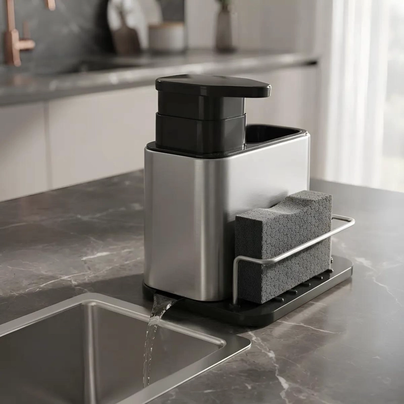 DISPENSADOR DE JABON Y SOPORTE PARA ESPONJA DE ACERO INOXIDABLE - 5