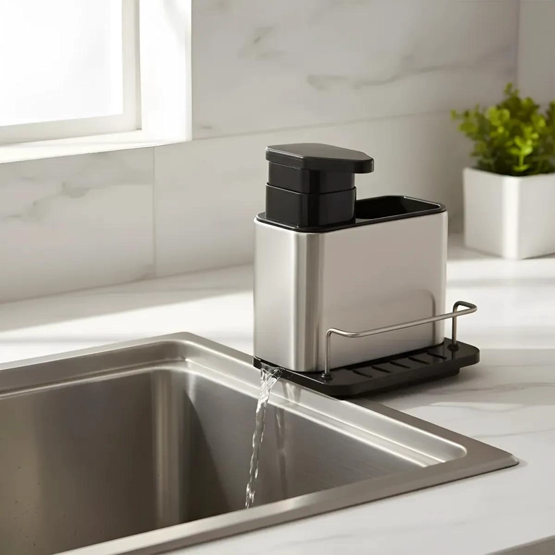DISPENSADOR DE JABON Y SOPORTE PARA ESPONJA DE ACERO INOXIDABLE - 7