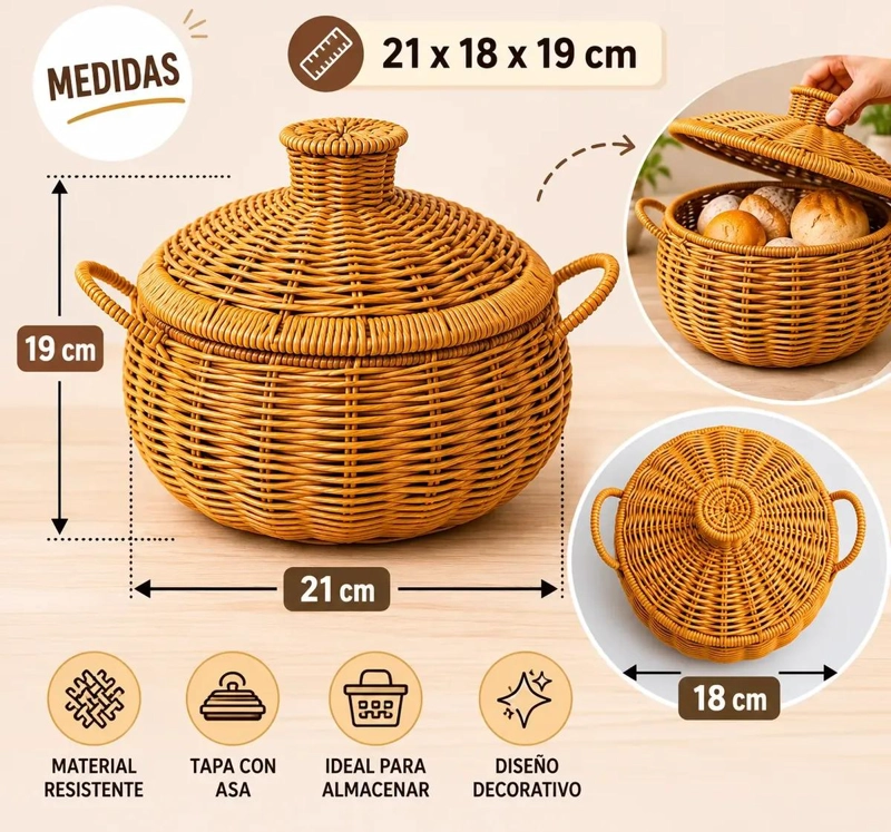 CAJA ORGANIZADORA REDONDA DE RATAN CON TAPA DECORATIVA - 2