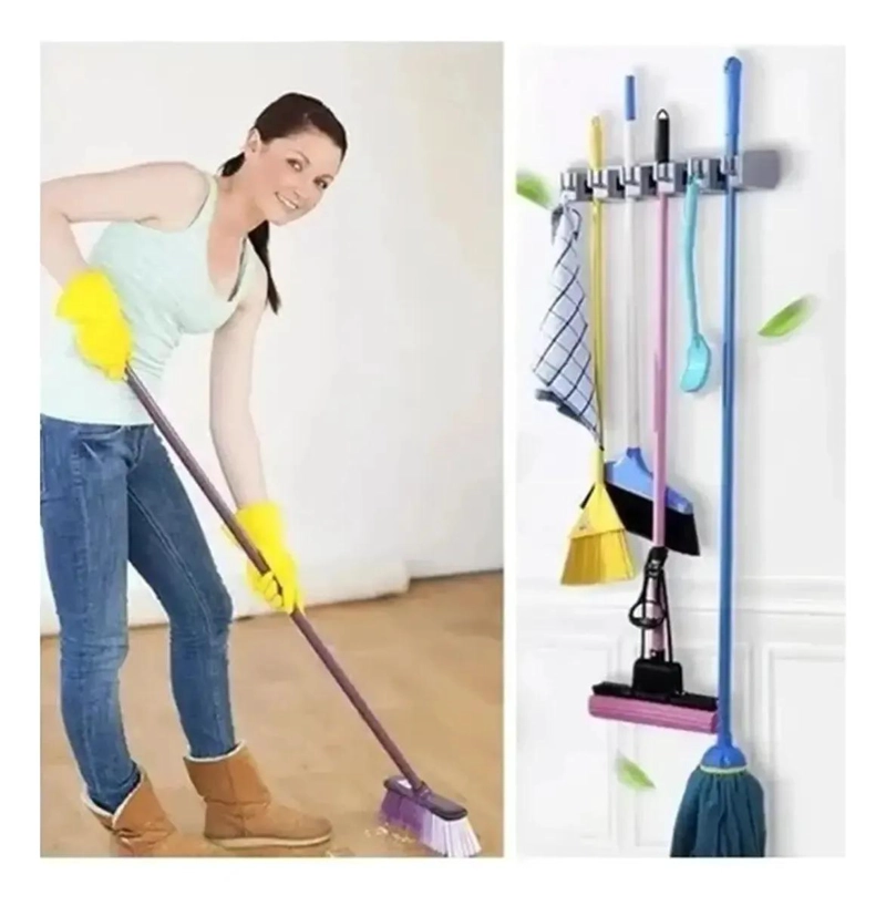 SOPORTE DE PARED PARA ESCOBAS Y TRAPEADORES CON GANCHOS - 2