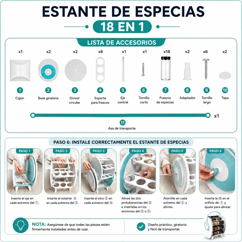 ESPECIERO GIRATORIO 18 FRASCOS ORGANIZADOR DE COCINA - 6