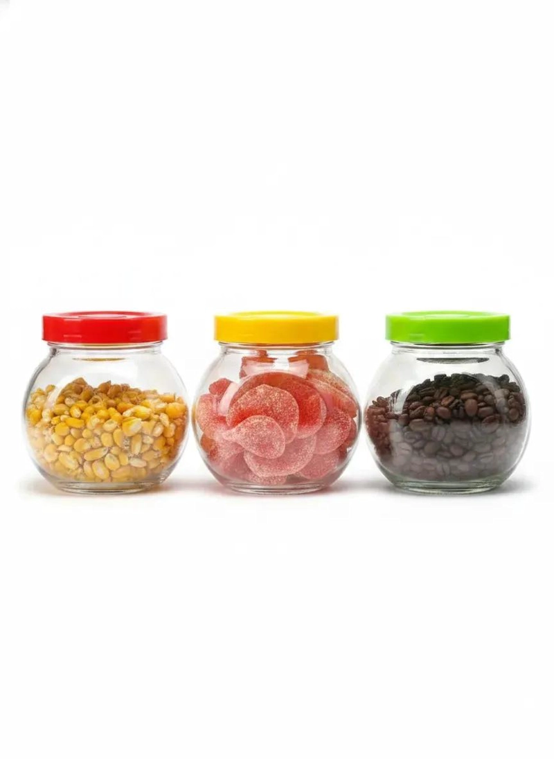 SET DE 3 FRASCOS DE VIDRIO CON TAPA COLORIDA PARA ALMACENAMIENTO - 1