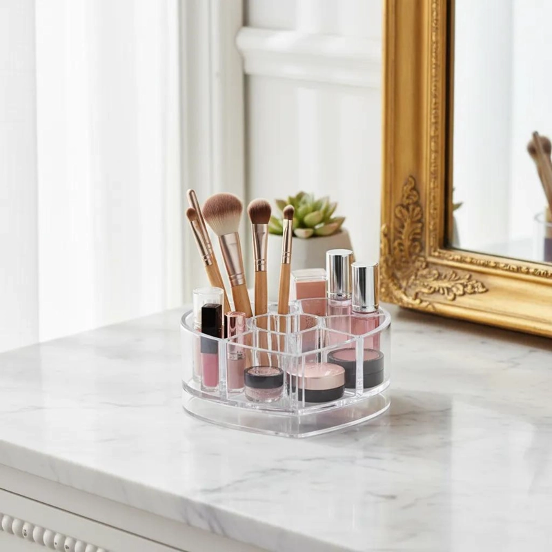 ORGANIZADOR DE MAQUILLAJE ACRILICO EN FORMA DE CORAZON - 1