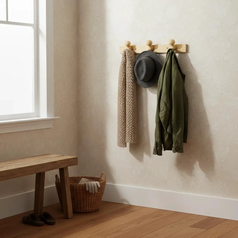 PERCHERO DE PARED DE MADERA NATURAL CON 3 GANCHOS - 3