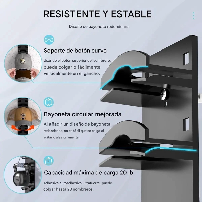 COLGADOR ADHESIVO PARA 10 GORRAS ORGANIZADOR DE SOMBREROS - 2