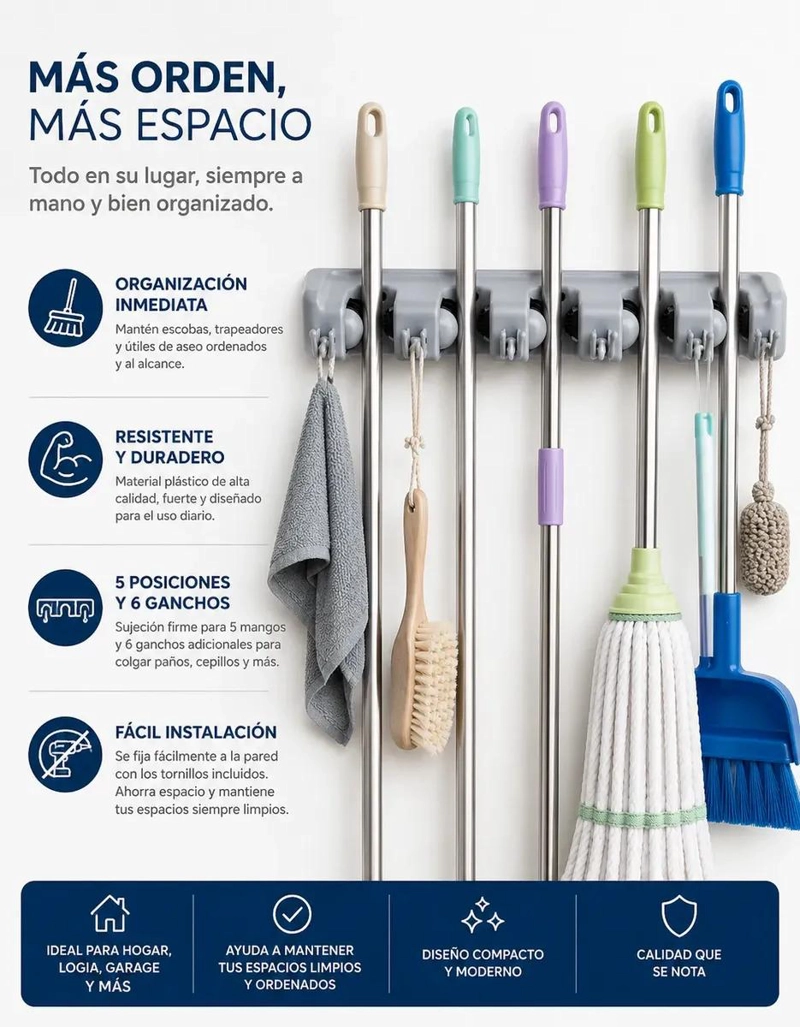 ORGANIZADOR DE ESCOBAS Y UTENSILIOS DE ASEO CON GANCHOS - 5
