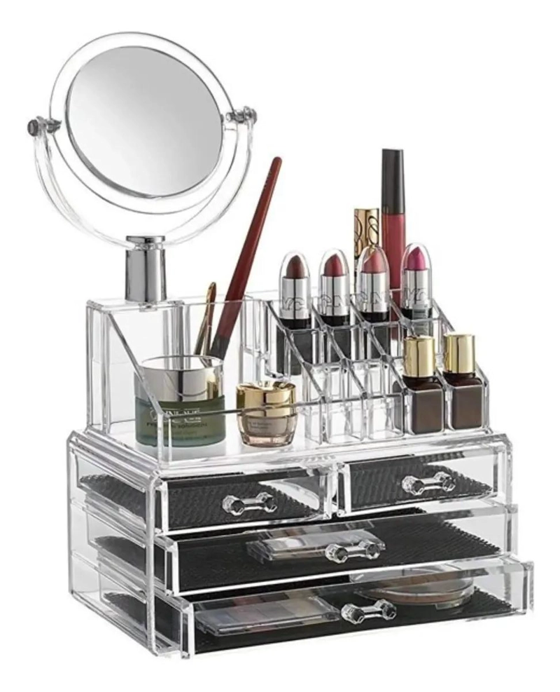 ORGANIZADOR DE MAQUILLAJE ACRILICO CON ESPEJO Y CAJONES - 1