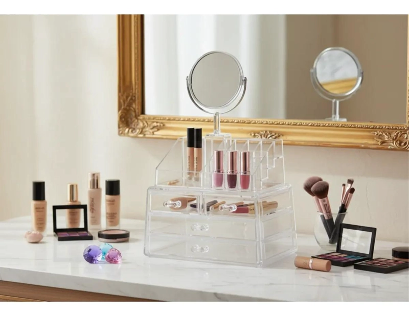 ORGANIZADOR DE MAQUILLAJE ACRILICO CON ESPEJO Y CAJONES - 3