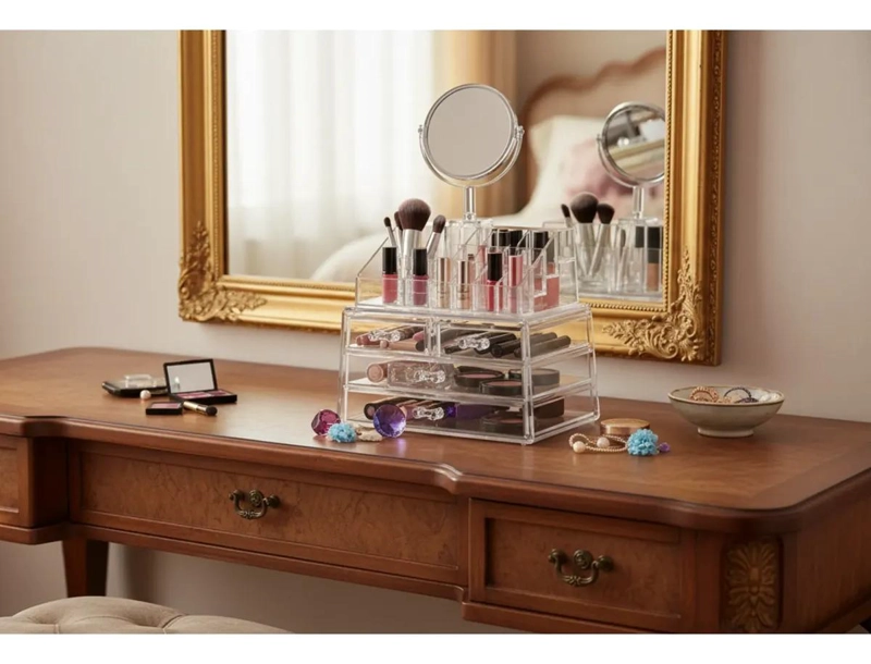 ORGANIZADOR DE MAQUILLAJE ACRILICO CON ESPEJO Y CAJONES - 4