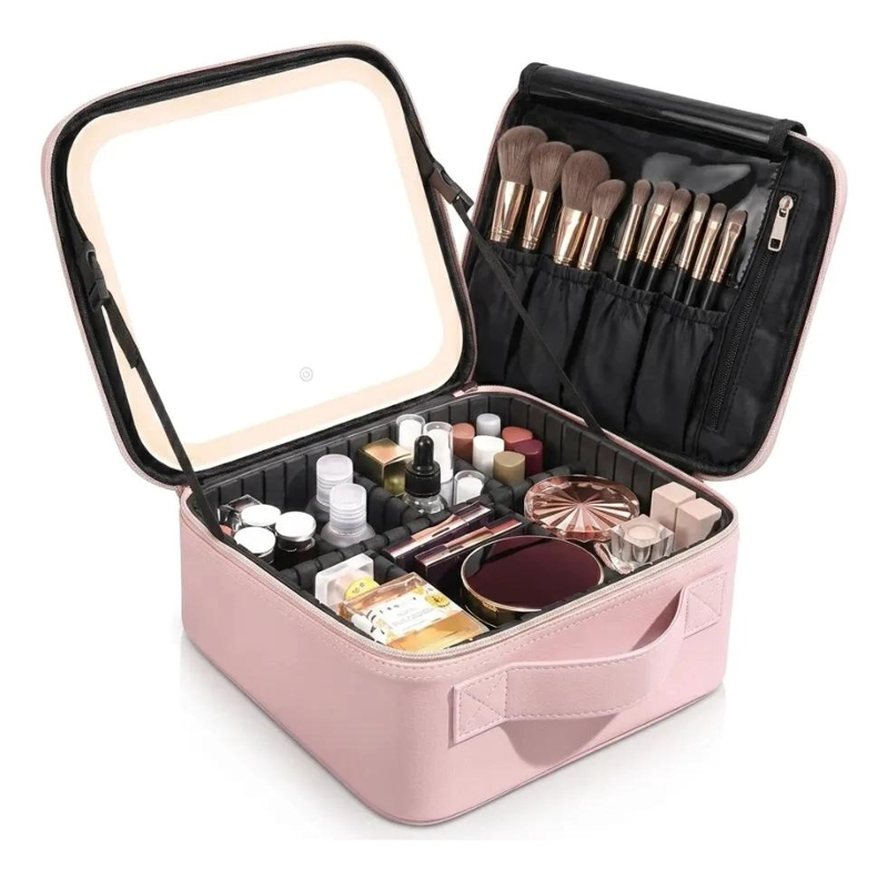 ESTUCHE DE MAQUILLAJE CON ESPEJO LED Y COMPARTIMENTOS AJUSTABLES - 1