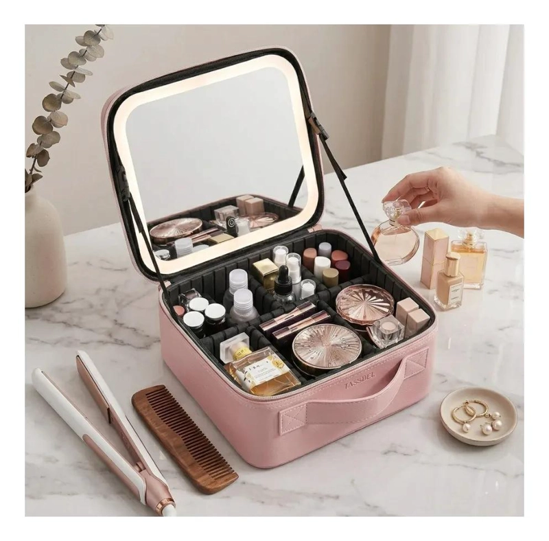 ESTUCHE DE MAQUILLAJE CON ESPEJO LED Y COMPARTIMENTOS AJUSTABLES - 2