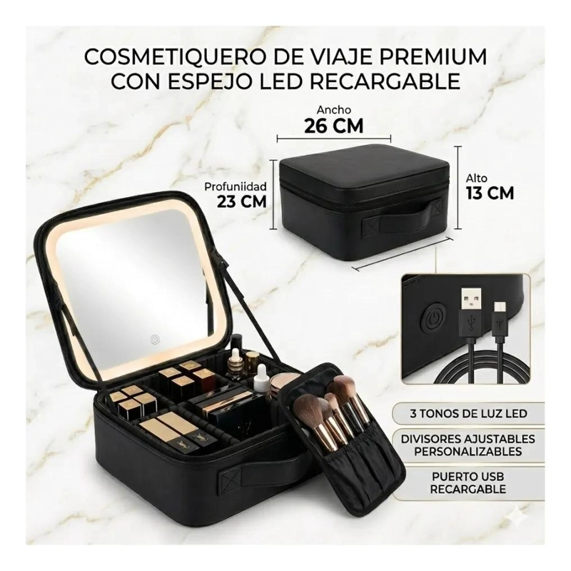 ESTUCHE DE MAQUILLAJE CON ESPEJO LED Y COMPARTIMENTOS AJUSTABLES - 5