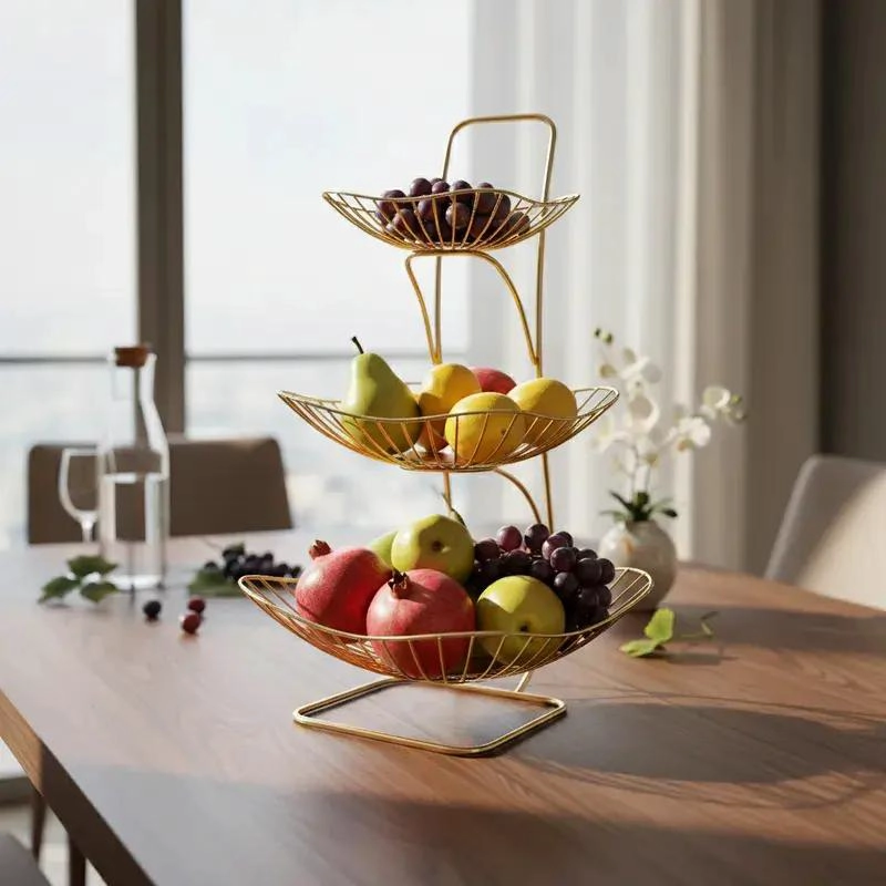 FRUTERO DE HIERRO DORADO DE TRES NIVELES PARA FRUTAS - 1
