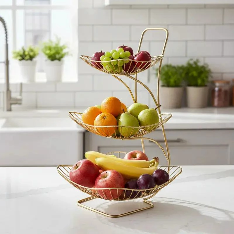 FRUTERO DE HIERRO DORADO DE TRES NIVELES PARA FRUTAS - 4