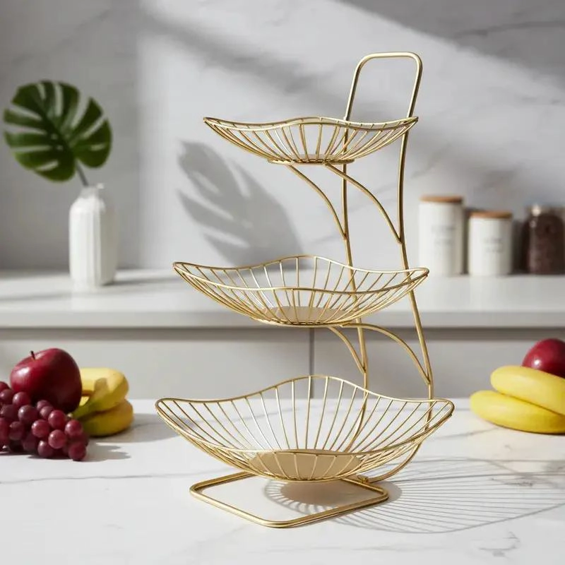 FRUTERO DE HIERRO DORADO DE TRES NIVELES PARA FRUTAS - 5