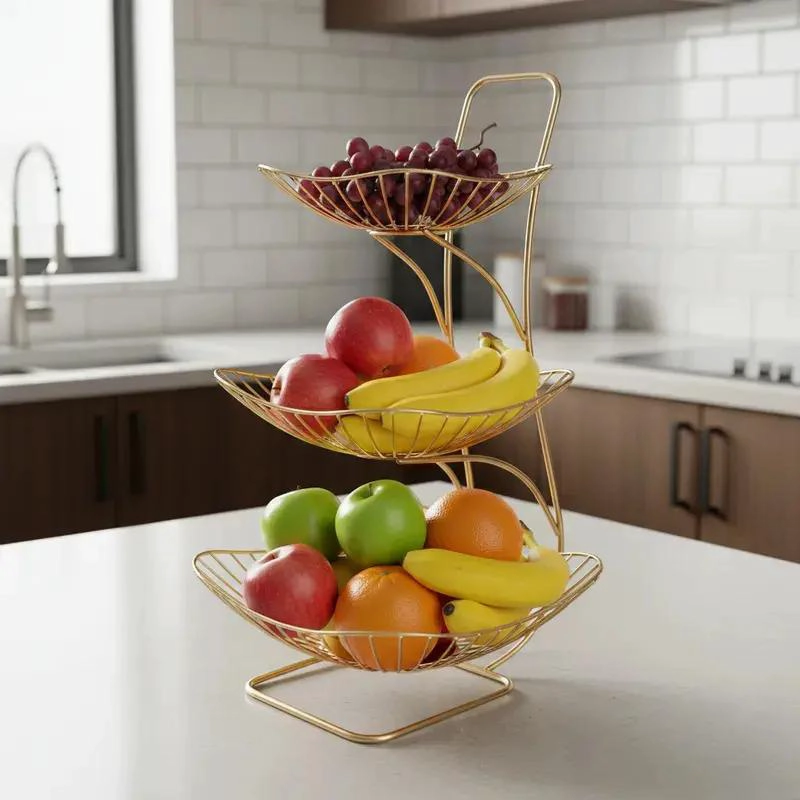FRUTERO DE HIERRO DORADO DE TRES NIVELES PARA FRUTAS - 7