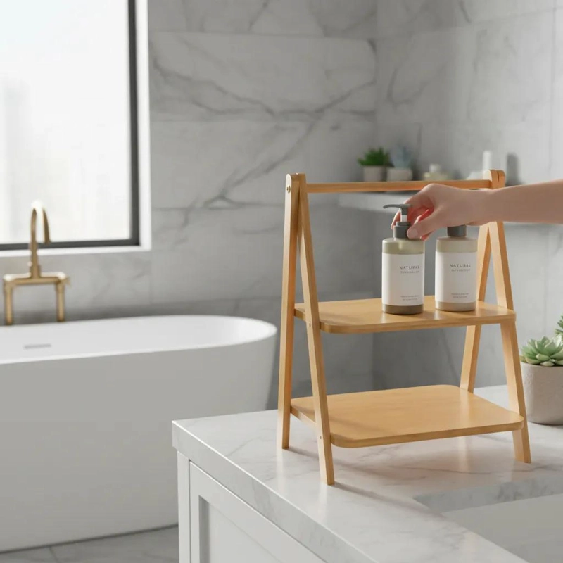 REPISA ORGANIZADOR DE BAMBU DE 2 NIVELES CON ASA PRACTICA - 5