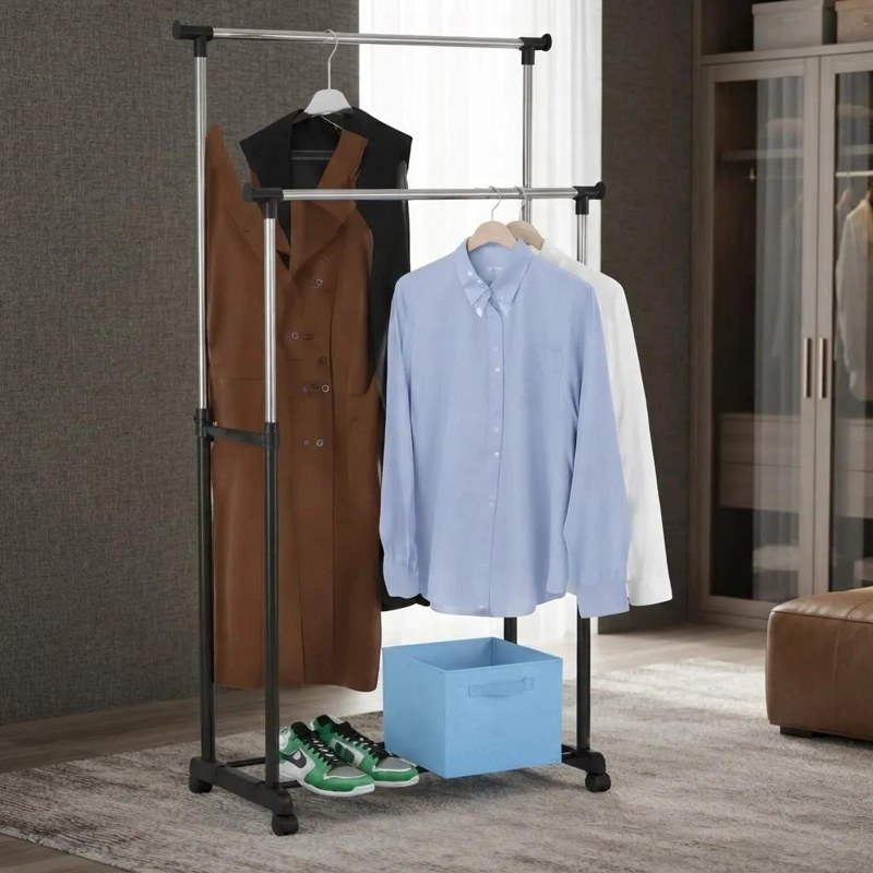 PERCHERO COLGADOR DOBLE BARRA AJUSTABLE CON RUEDAS PARA ROPA - 1