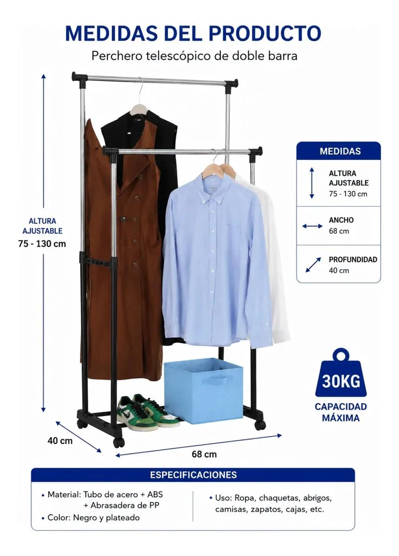 PERCHERO COLGADOR DOBLE BARRA AJUSTABLE CON RUEDAS PARA ROPA - 2