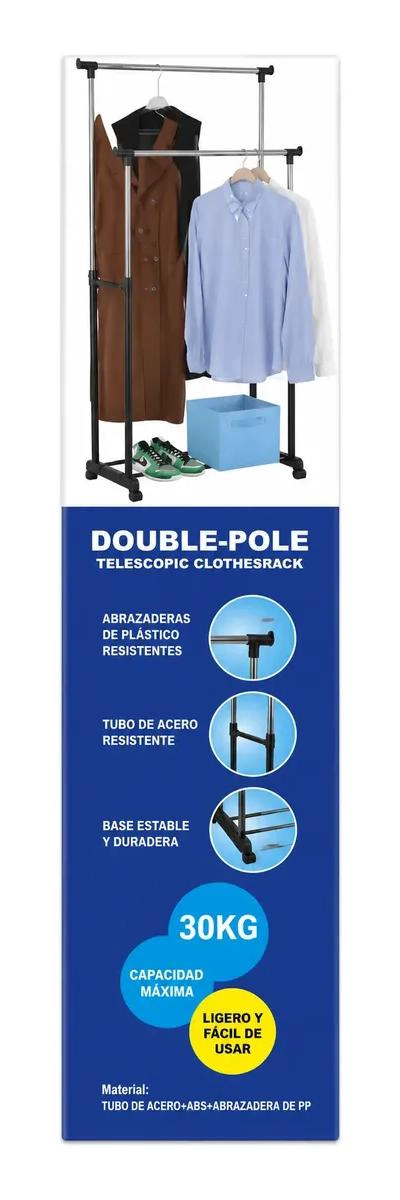 PERCHERO COLGADOR DOBLE BARRA AJUSTABLE CON RUEDAS PARA ROPA - 3