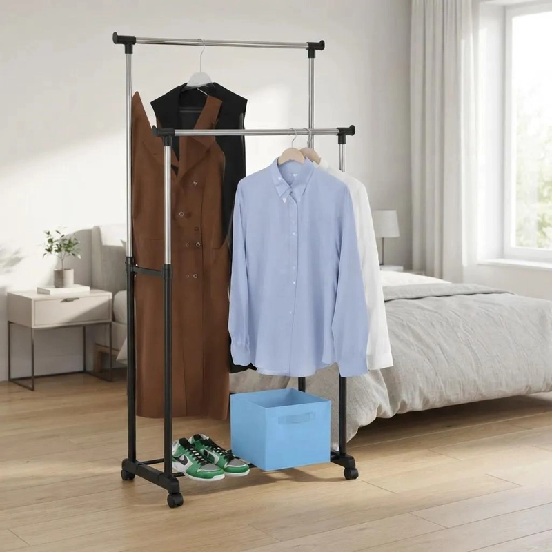PERCHERO COLGADOR DOBLE BARRA AJUSTABLE CON RUEDAS PARA ROPA - 6
