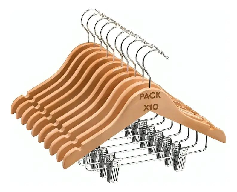 SET DE 10 PERCHAS DE MADERA LUSTRADA CON BROCHES PARA ROPA - 1