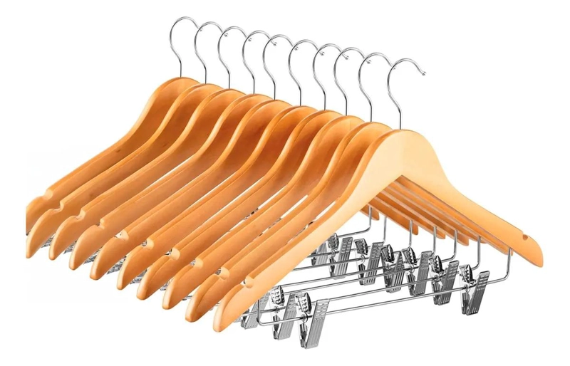 SET DE 10 PERCHAS DE MADERA LUSTRADA CON BROCHES PARA ROPA - 5