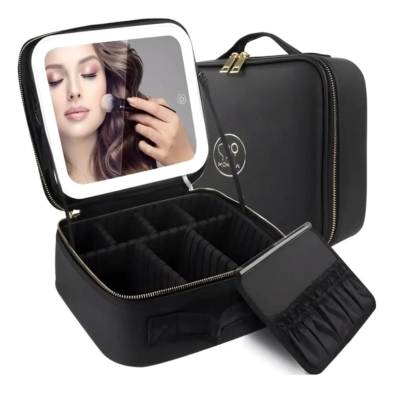 BOLSA DE MAQUILLAJE COMPACTA CON ESPEJO Y LUZ LED - 1