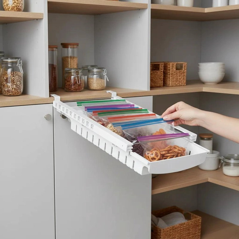 ORGANIZADOR DE BOLSAS PARA REFRIGERADOR CON COMPARTIMIENTOS Y RIELES - 8