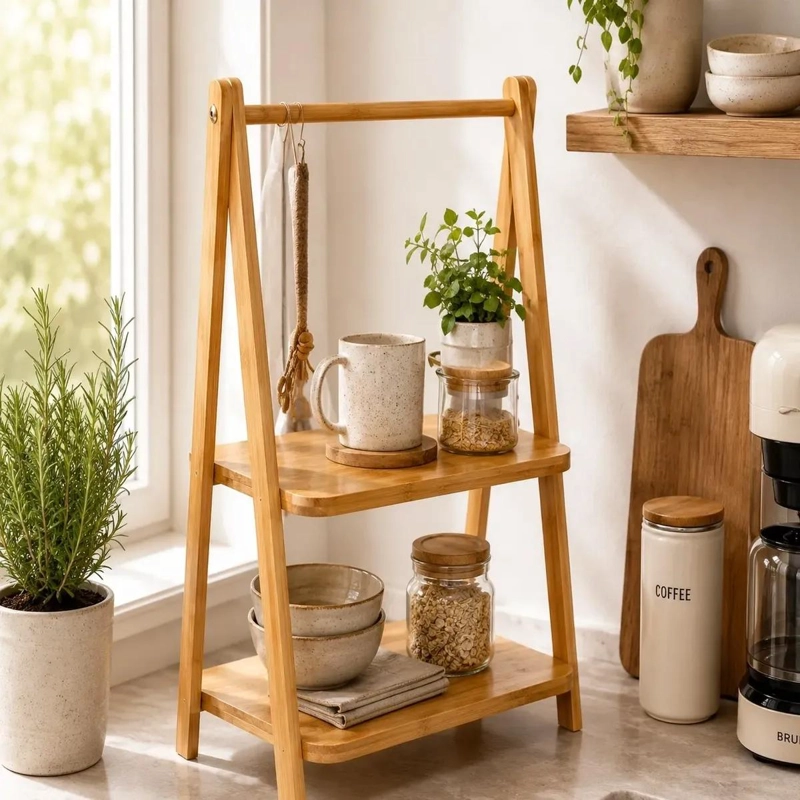 REPISA ORGANIZADOR DE BAMBU DE 2 NIVELES CON ASA PRACTICA - 4