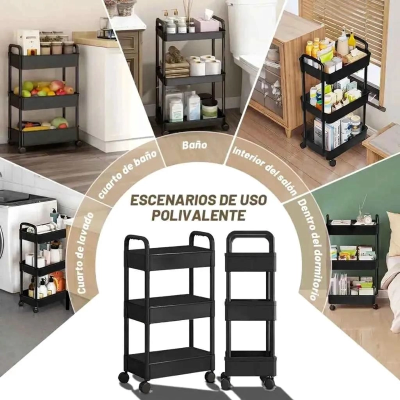 CARRITO ORGANIZADOR PLASTICO NEGRO DE 3 NIVELES CON RUEDAS - 2