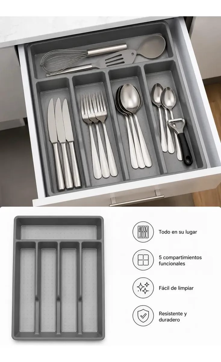 ORGANIZADOR DE CUBIERTOS Y UTENSILIOS DE COCINA CON 5 COMPARTIMENTOS - 9