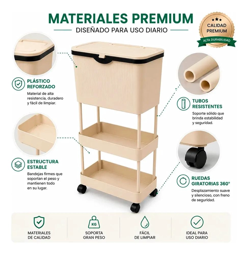 CARRO ORGANIZADOR MULTIUSO DE 3 NIVELES CON RUEDAS Y TAPA - 2