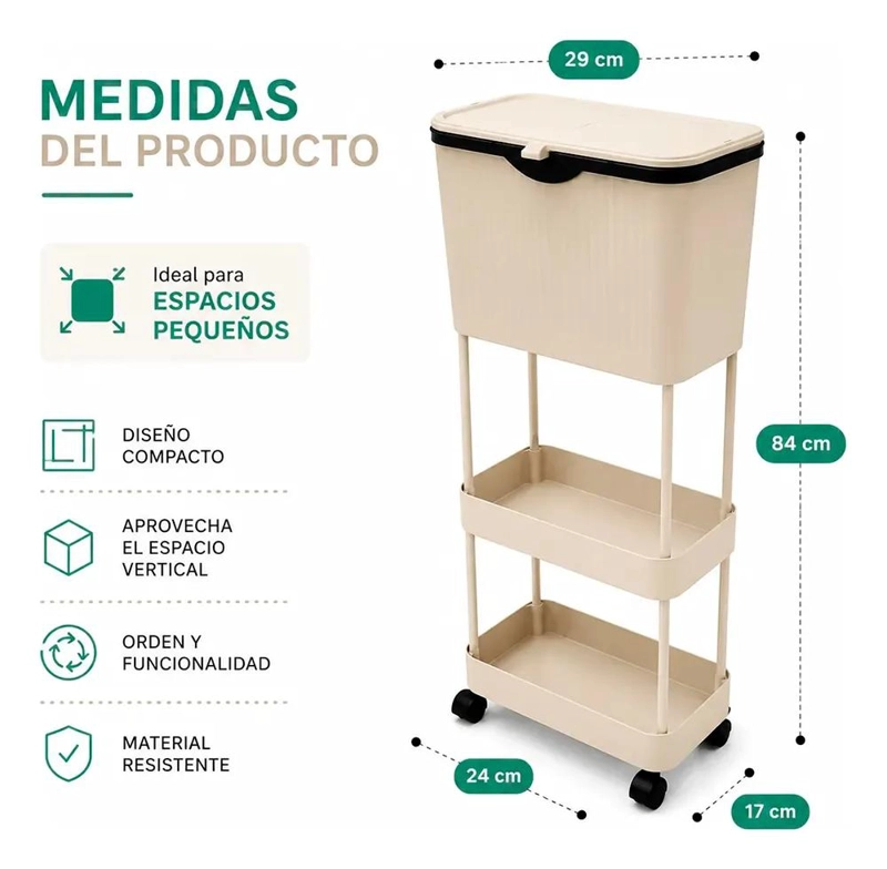 CARRO ORGANIZADOR MULTIUSO DE 3 NIVELES CON RUEDAS Y TAPA - 6