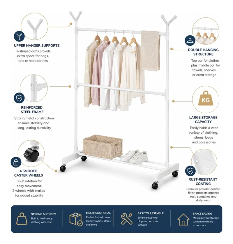 PERCHERO MOVIL BLANCO CON RUEDAS IDEAL PARA ORGANIZAR ESPACIOS - 10