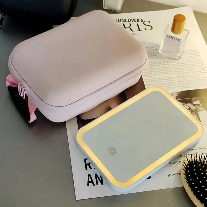 ORGANIZADOR DE MAQUILLAJE VIAJERO CON ESPEJO ROSA COMPACTO - 1
