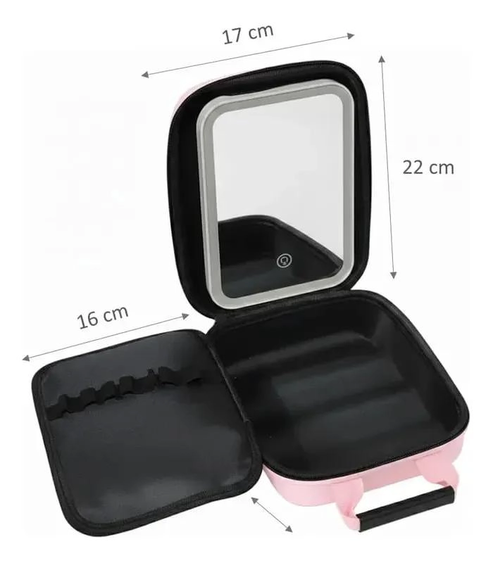 ORGANIZADOR DE MAQUILLAJE VIAJERO CON ESPEJO ROSA COMPACTO - 2