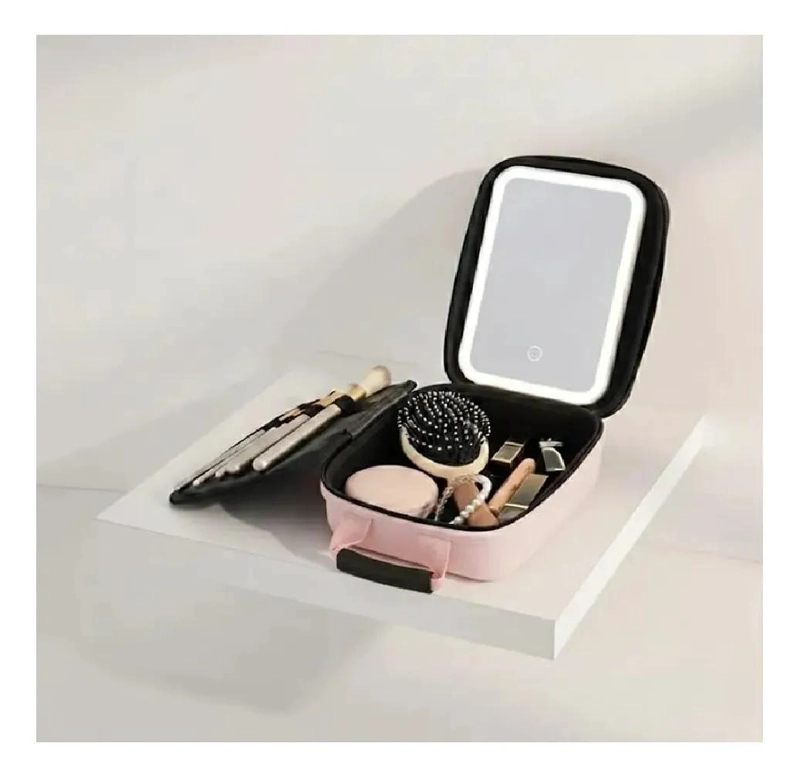 ORGANIZADOR DE MAQUILLAJE VIAJERO CON ESPEJO ROSA COMPACTO - 3