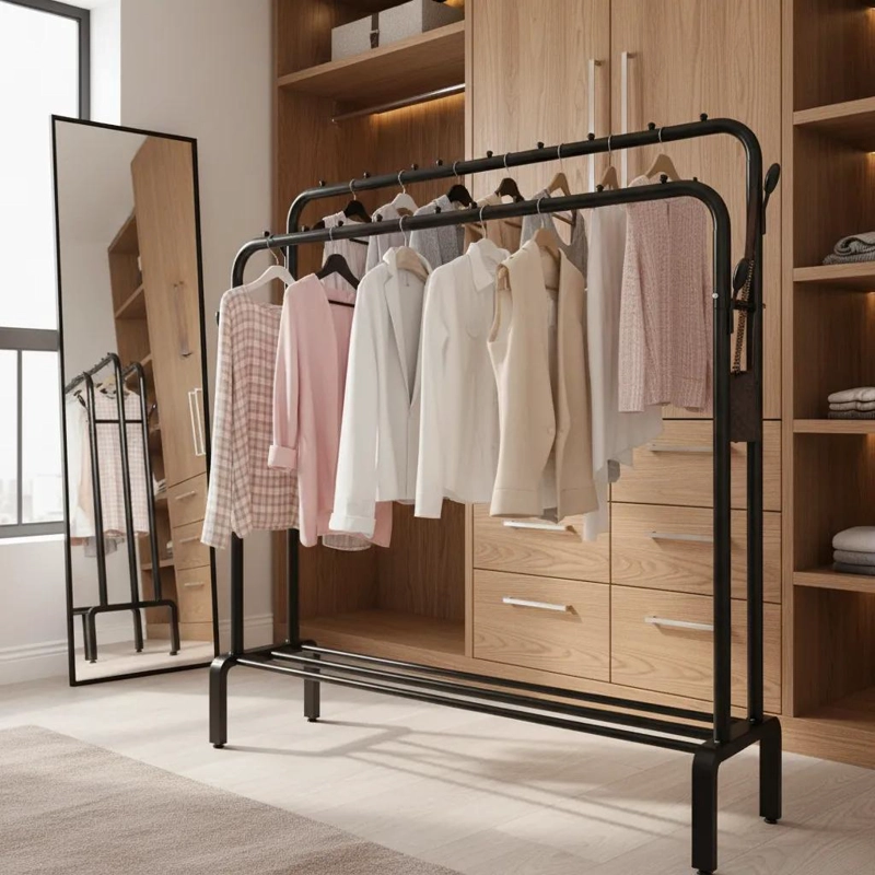 PERCHERO METALICO DOBLE PARA ROPA CON RUEDAS AJUSTABLES - 1