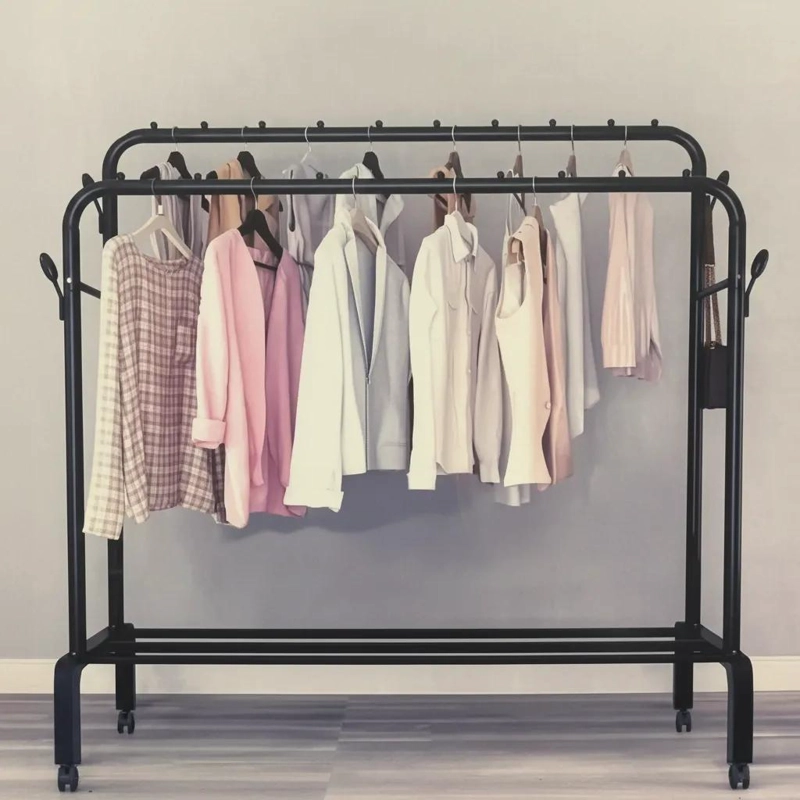 PERCHERO METALICO DOBLE PARA ROPA CON RUEDAS AJUSTABLES - 4