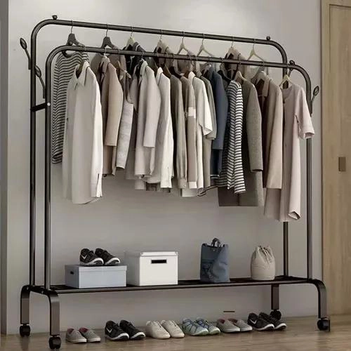 PERCHERO METALICO DOBLE BARRA CON RUEDAS PARA ROPA Y CALZADO - 2