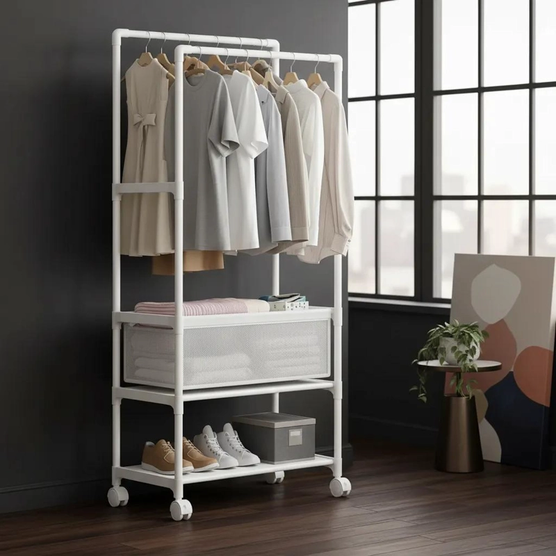 PERCHERO ORGANIZADOR CON RUEDAS Y REPISAS PARA ROPA - 1