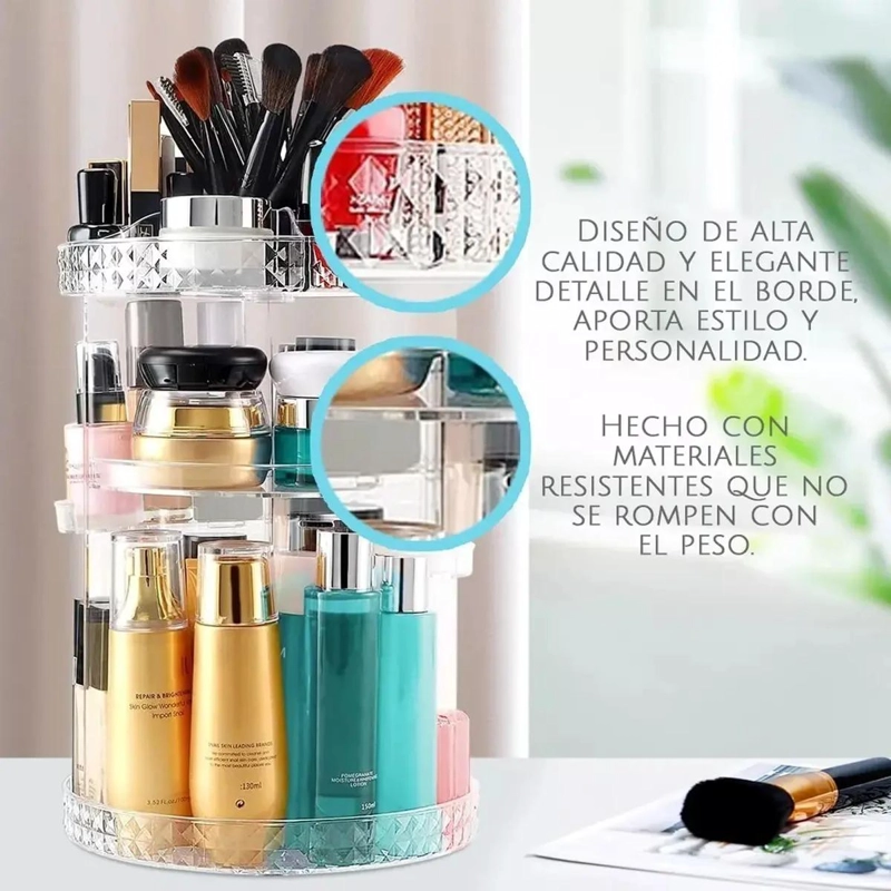 ORGANIZADOR DE MAQUILLAJE GIRATORIO 360 GRADOS CON COMPARTIMIENTOS AJUSTABLES - 2