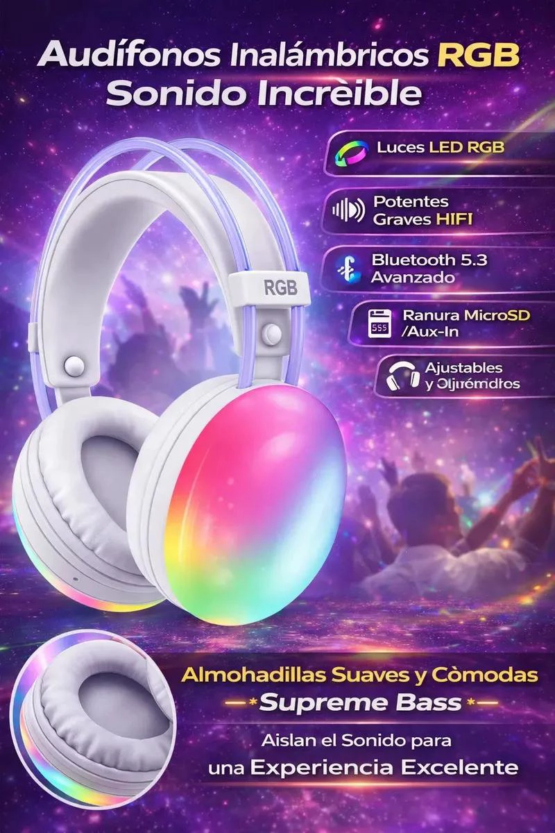 AUDIFONOS INALAMBRICOS BLUETOOTH P880 CON LUZ LED Y MICROFONO - 2