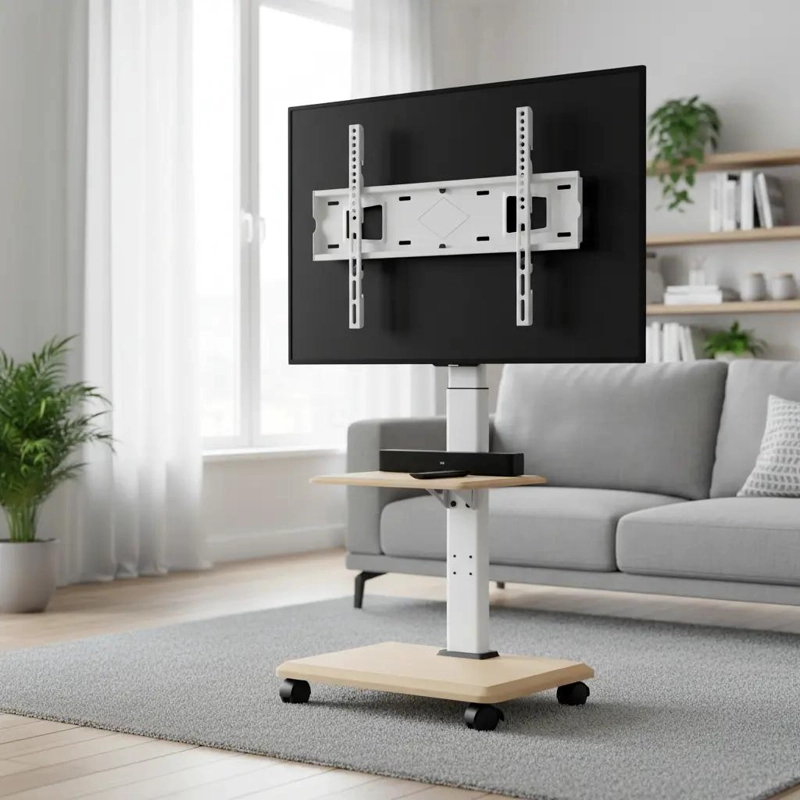 SOPORTE MOVIL PARA TV BLANCO CON REPISAS MODERNAS Y RUEDAS - 5